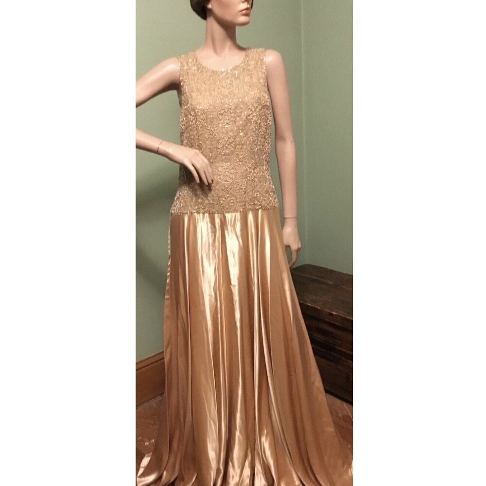 Vintage PAMELA DENNIS Gold Beaded Silk Satin Gown w/Beaded Jacket